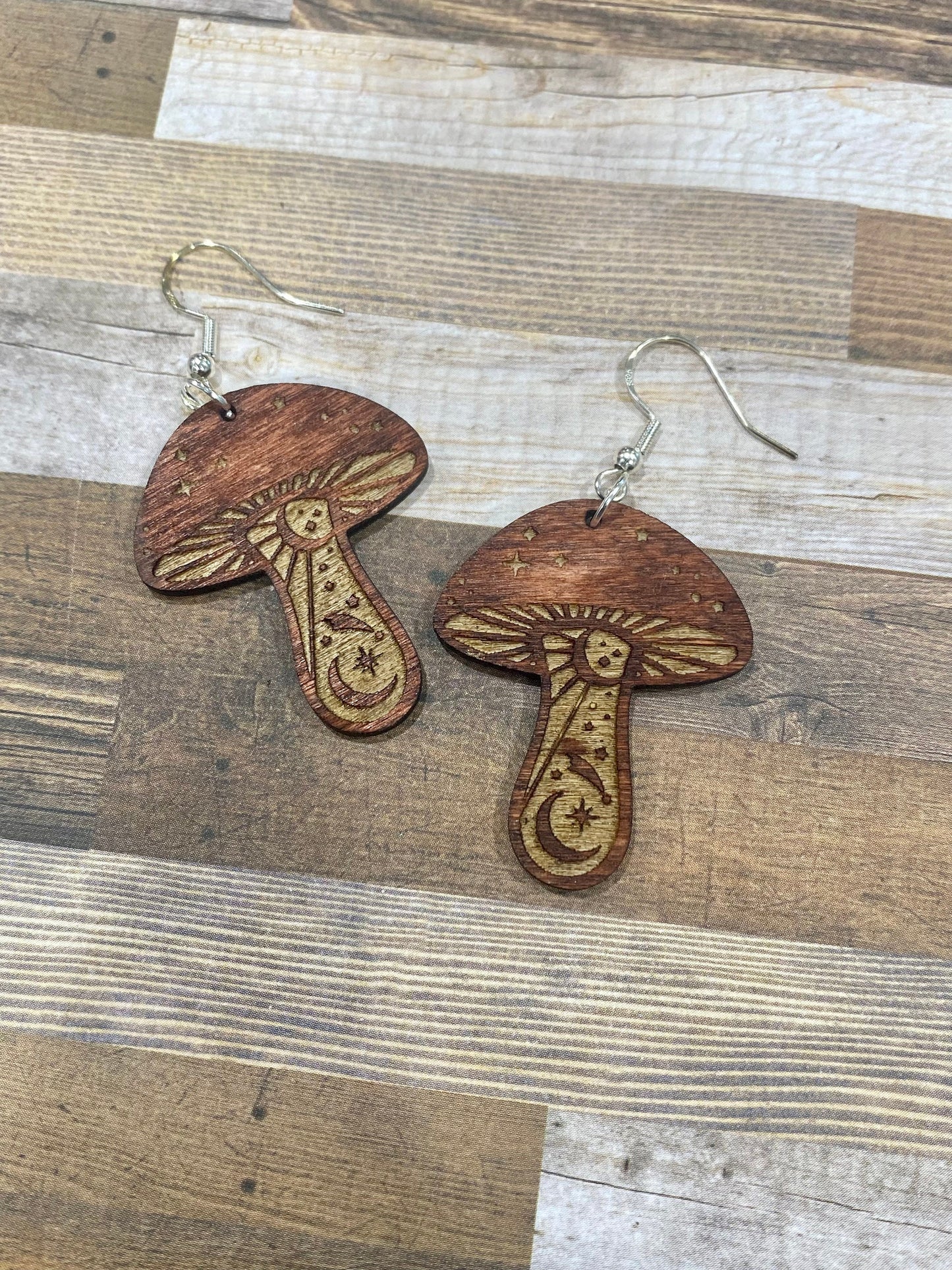 Celestial Mushroom Wood Earrings, Cottage-core Earrings