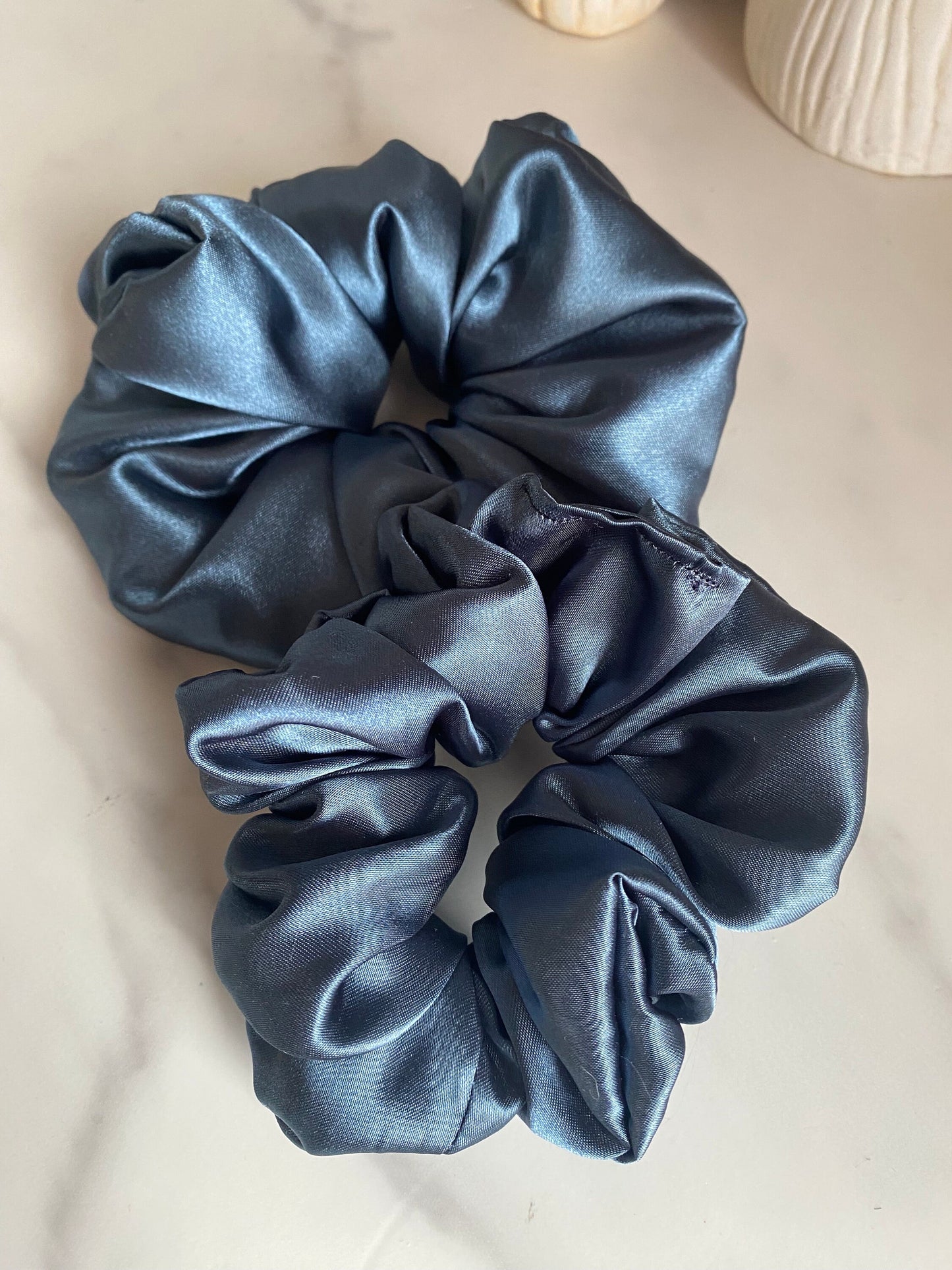 Sara (Steel Blue) Satin Scrunchie: Handmade Hair Tie