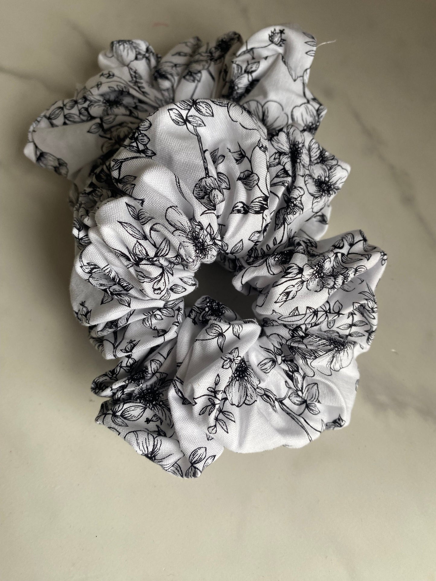 Black White Floral Satin Scrunchies/ Floral Elastic Hair Tie/Handmade Scrunchie/XL Scrunchie
