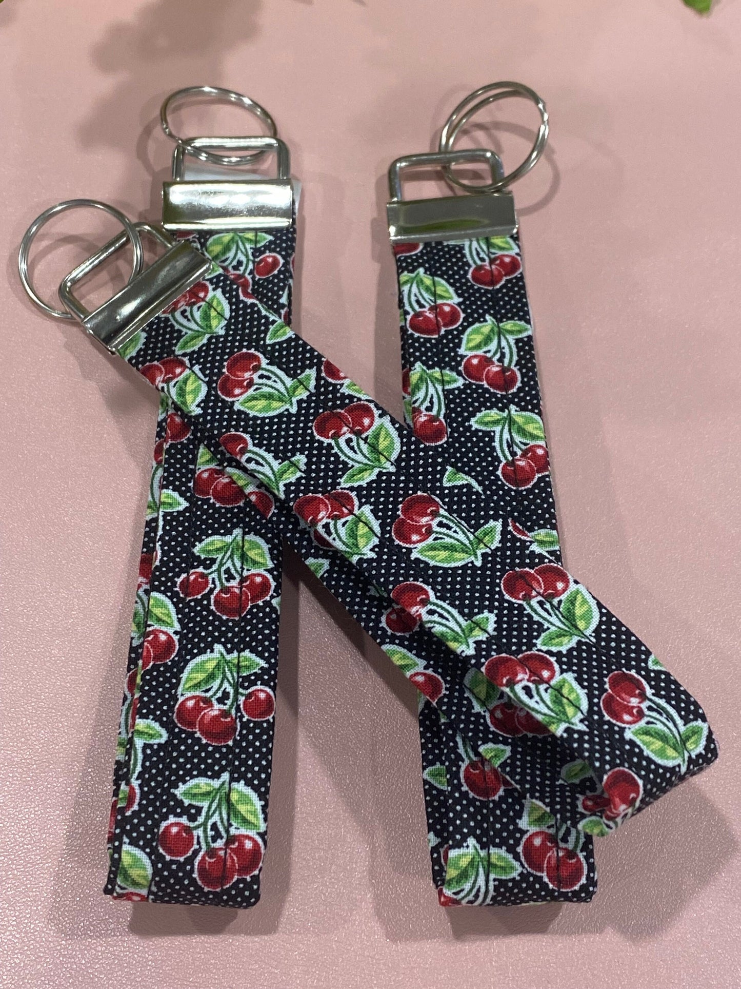 Cherry Print Wristlet Keychain, Handmade Key Finder