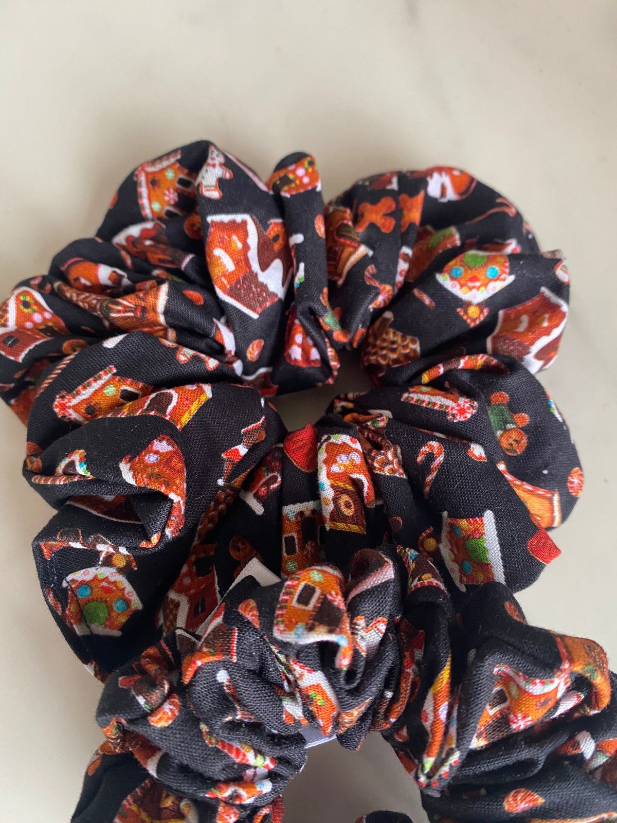 Handmade Gingerbread Satin Scrunchie, Holiday Hair Tie