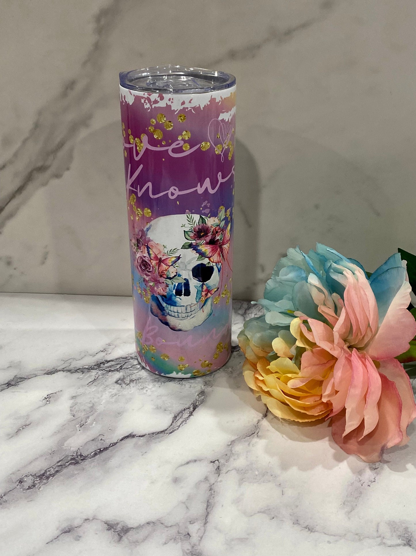 Love Knows No Bounds Floral Skull 20 oz Skinny Tumbler