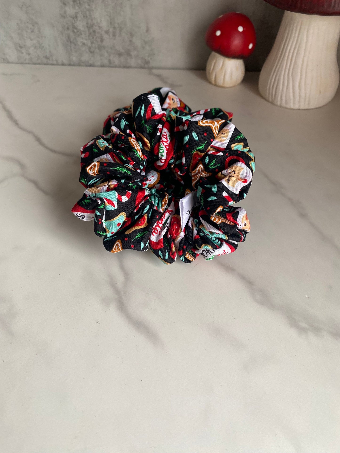 Santa and Cookies Holiday Satin Scrunchies/Santa Elastic Hair Tie/Handmade Scrunchie/XL Scrunchie