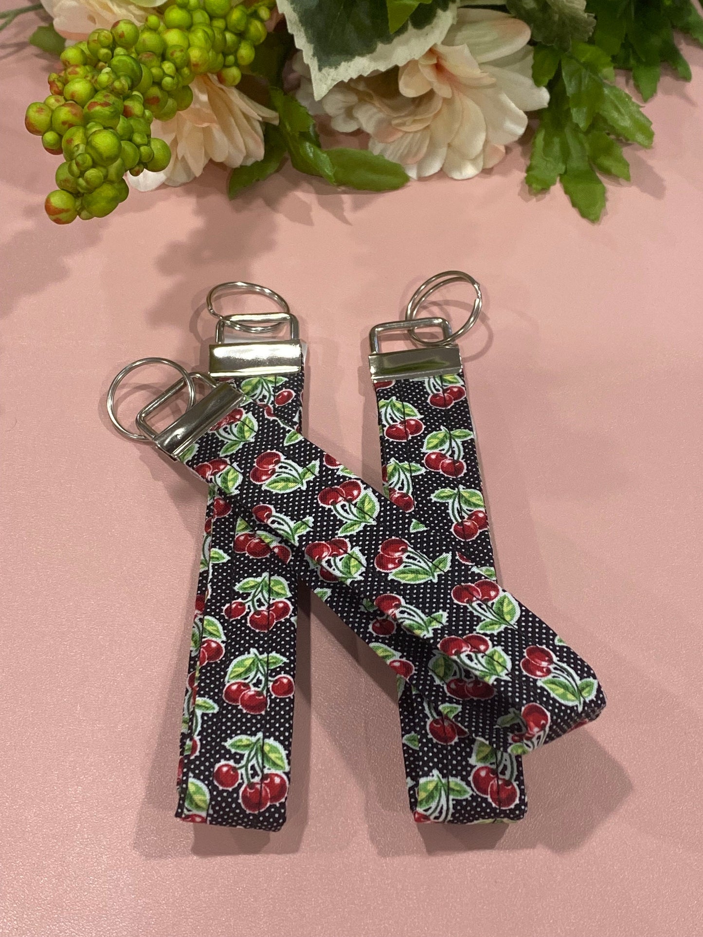 Vintage Cherry Wristlet Keychain Key FOB