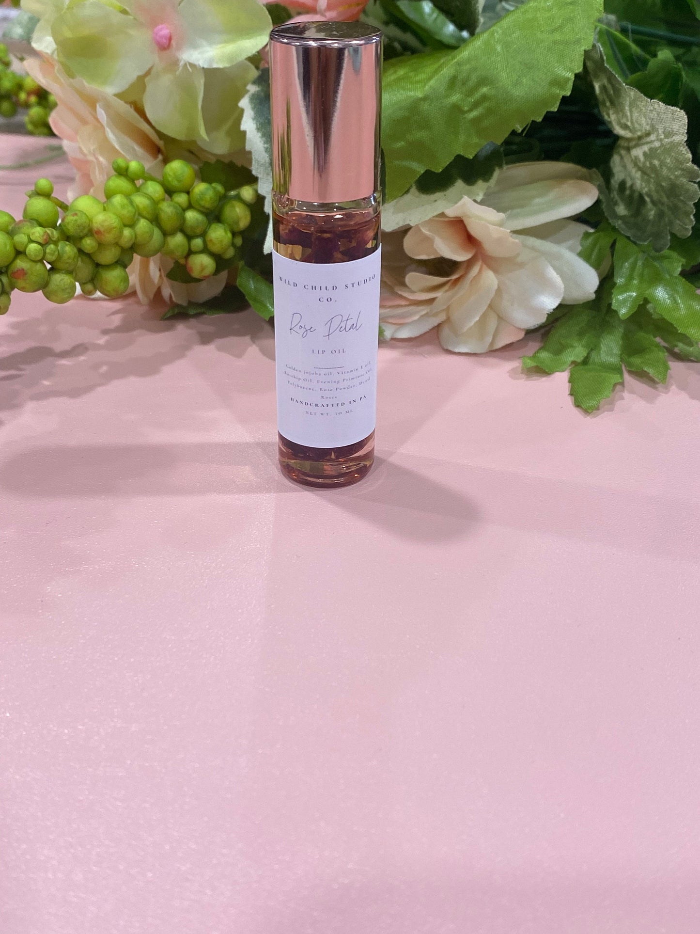 Organic Rose Petal Infused Lip Oil: Hydrating Roller Tube