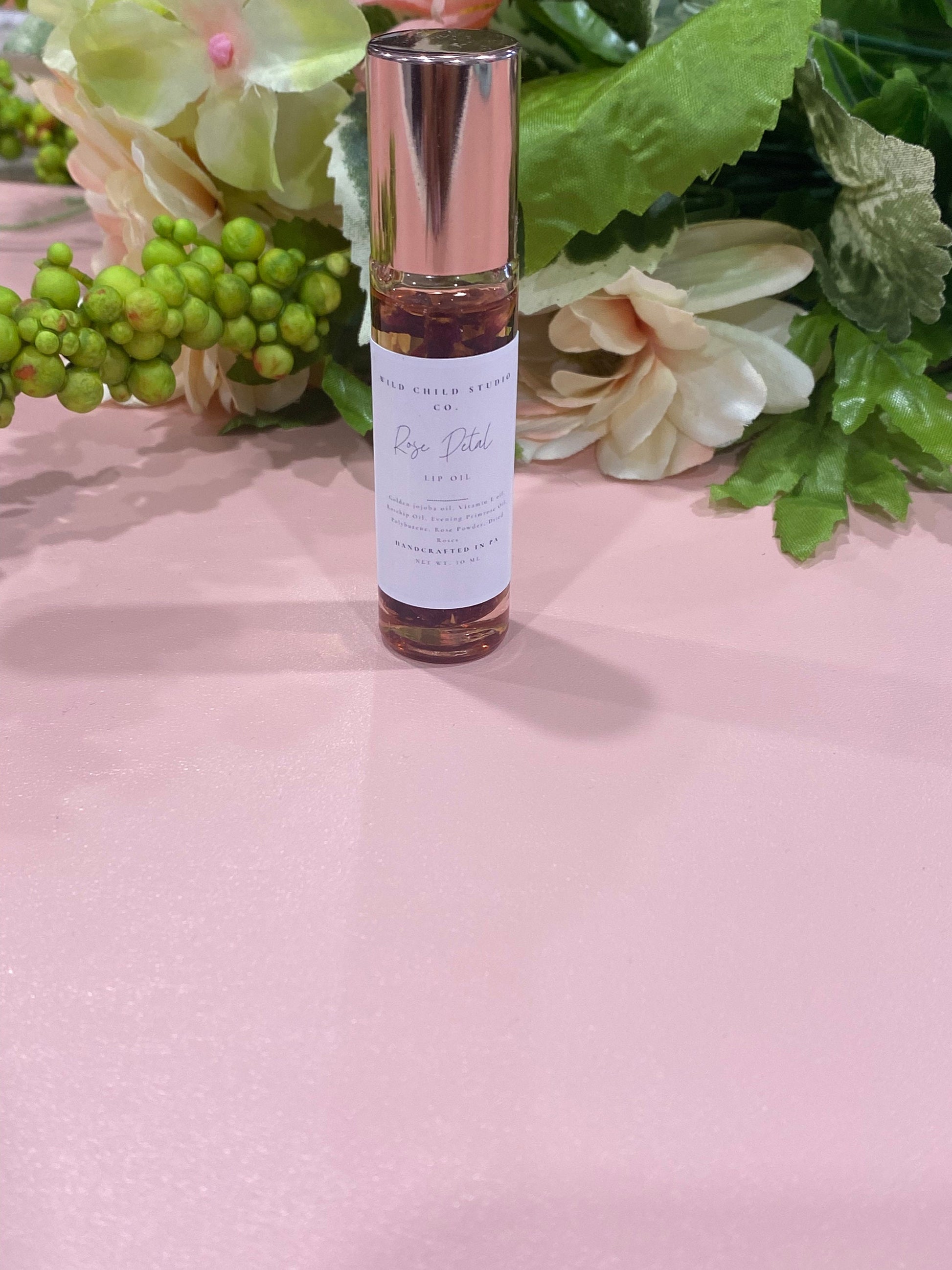 Organic Rose Petal Infused Lip Oil: Hydrating Roller Tube