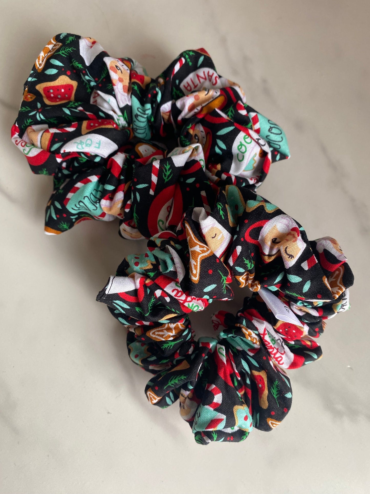 Santa and Cookies Holiday Satin Scrunchies/Santa Elastic Hair Tie/Handmade Scrunchie/XL Scrunchie