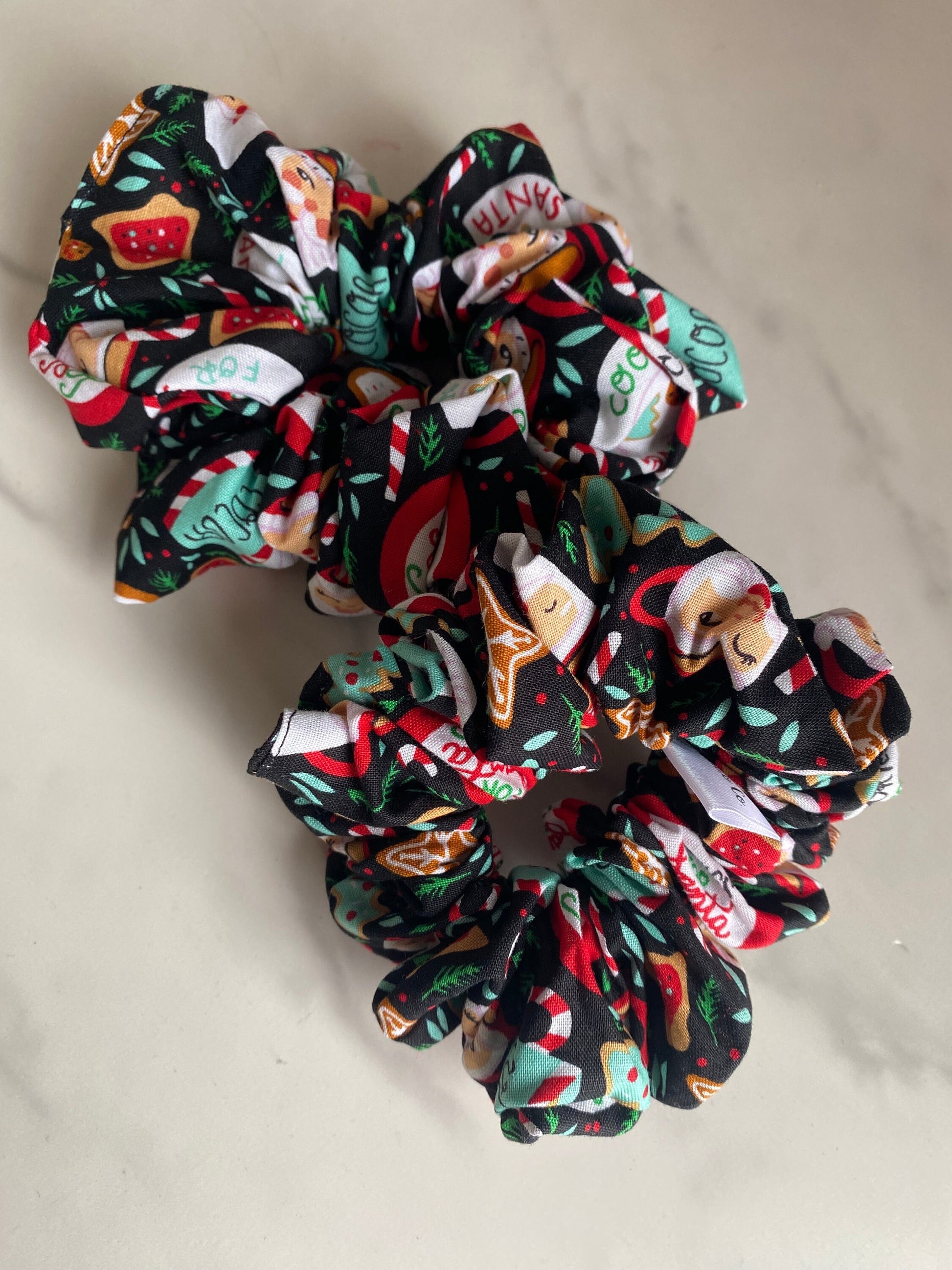 Santa and Cookies Holiday Satin Scrunchies/Santa Elastic Hair Tie/Handmade Scrunchie/XL Scrunchie