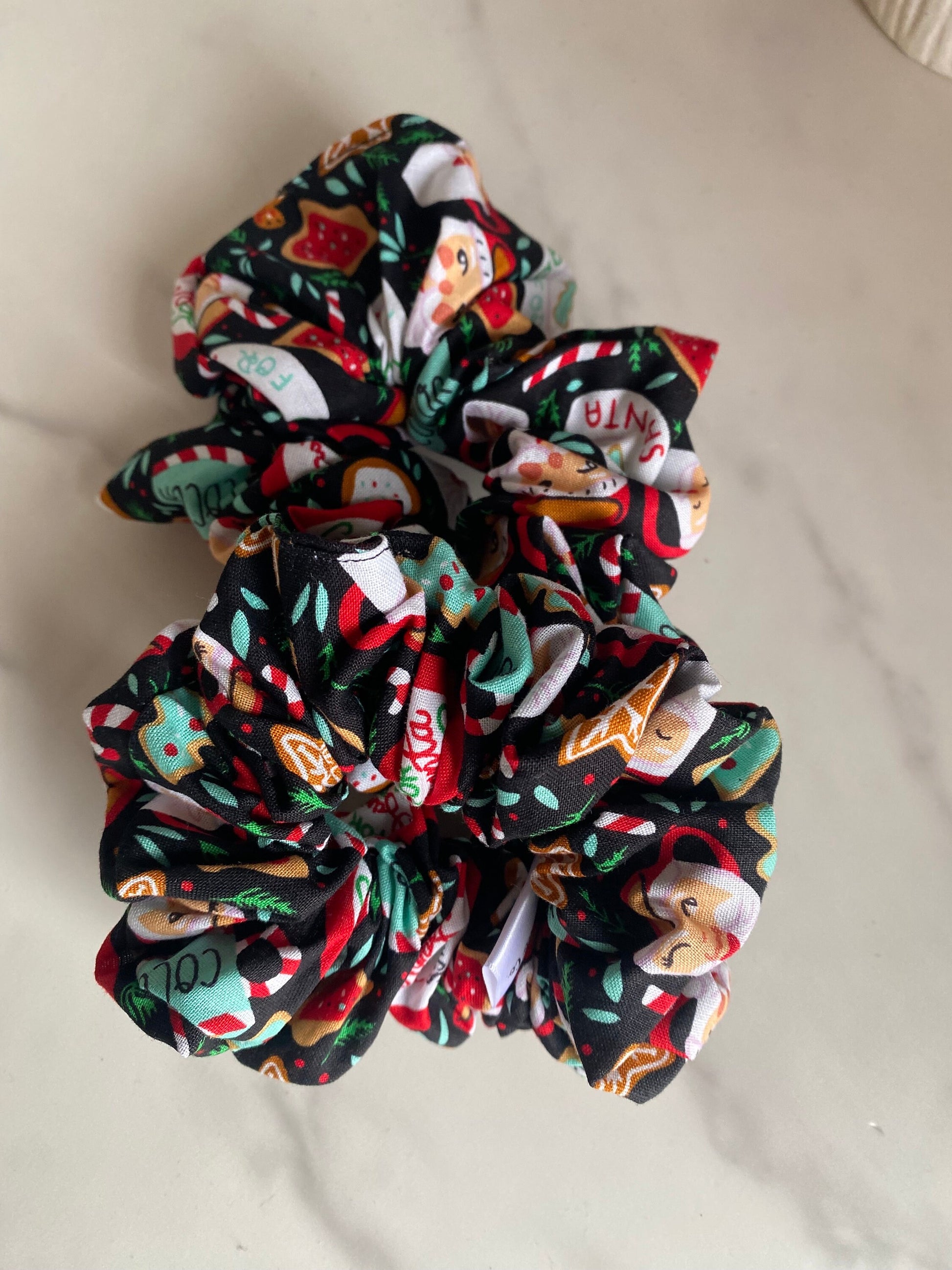 Santa and Cookies Holiday Satin Scrunchies/Santa Elastic Hair Tie/Handmade Scrunchie/XL Scrunchie