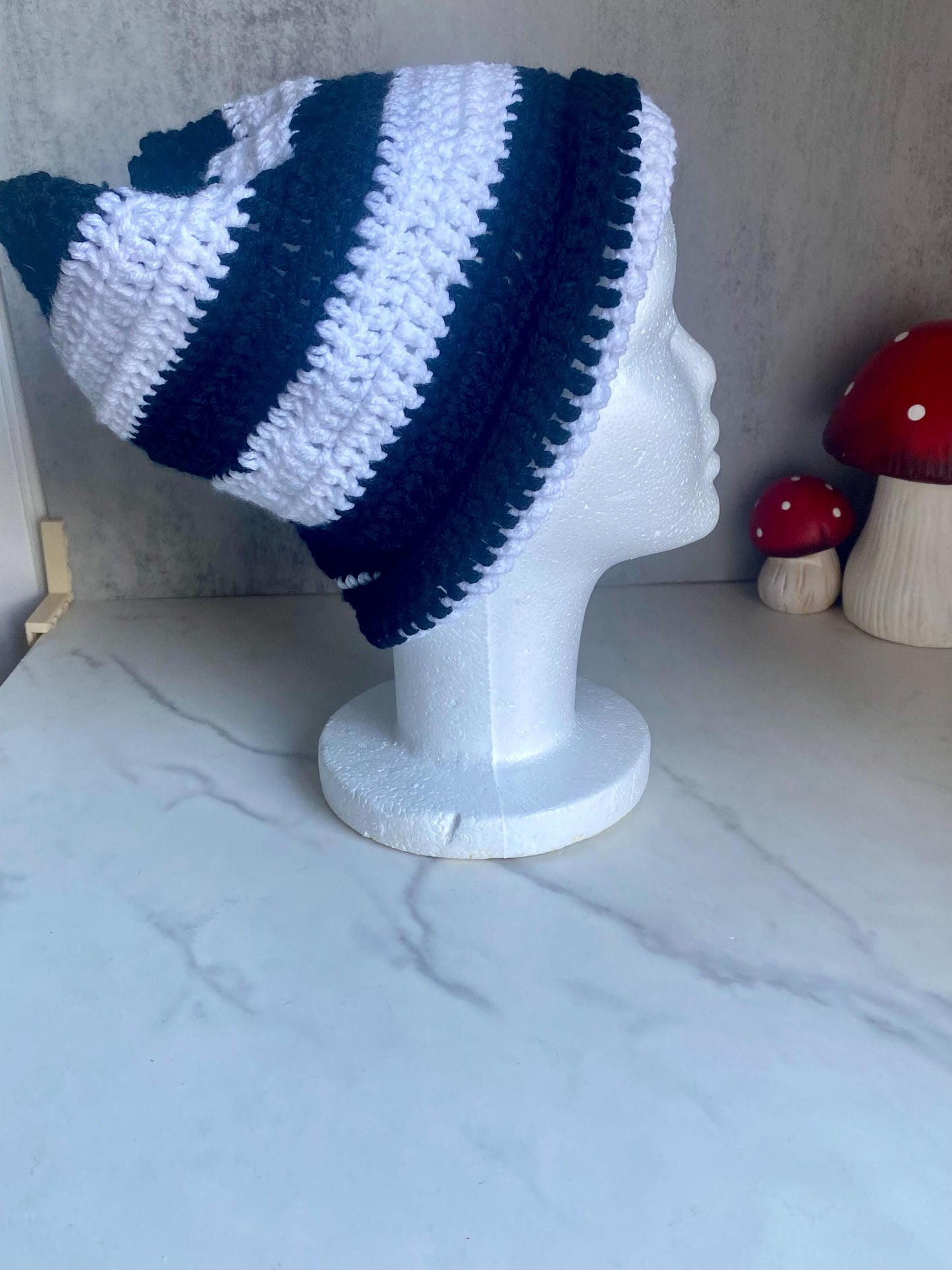 Black and White Stripe Cat Ear Beanie