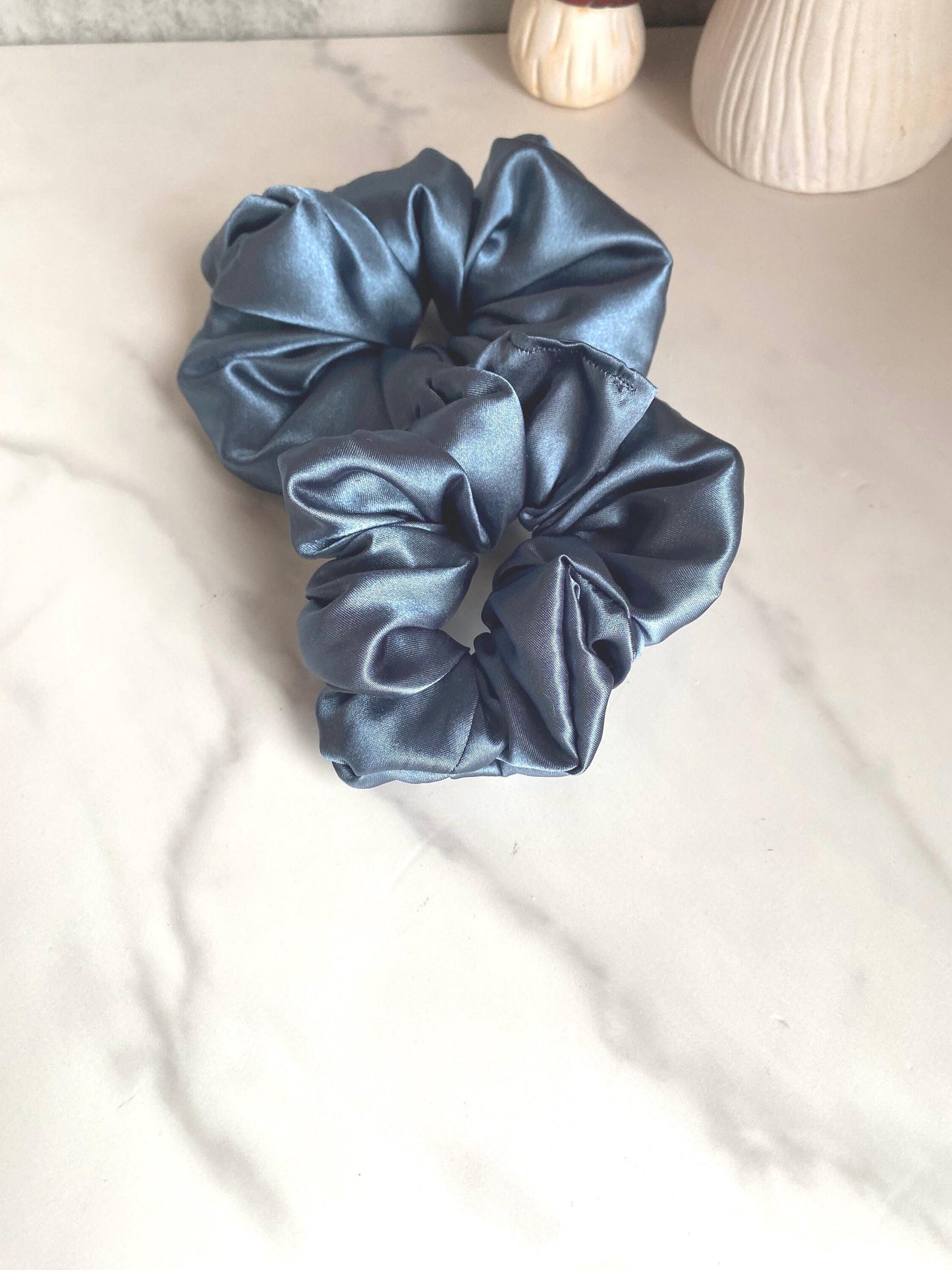 Steel Blue Satin Scrunchies/ Steel Blue Elastic Hair Tie/Handmade Scrunchie/XL Scrunchie