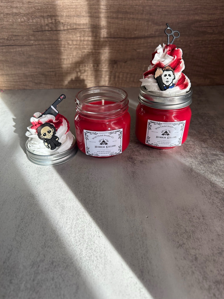 Red Horror Killers candles with decorative whipped lids