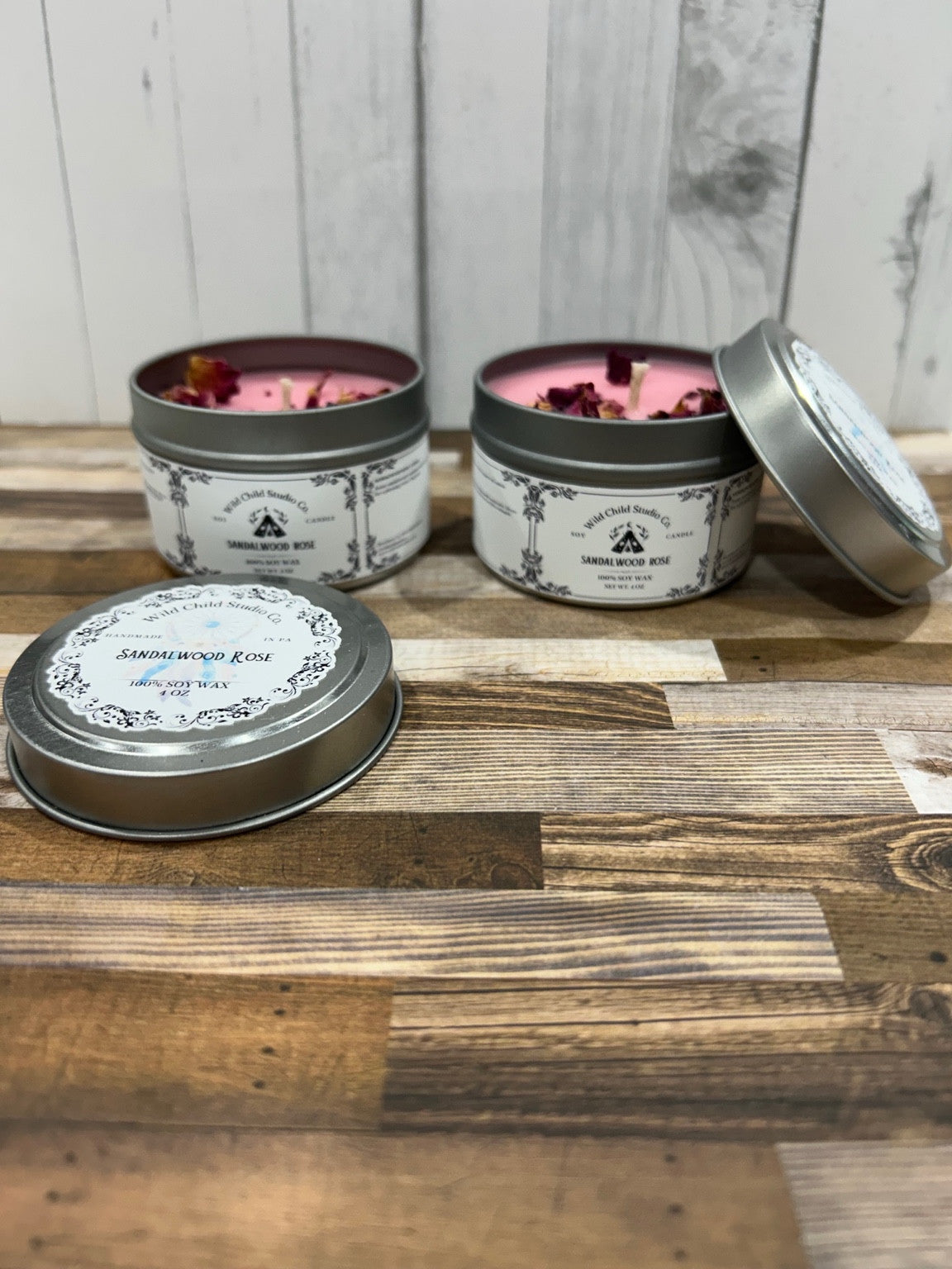 Sandalwood Rose candles in silver tins