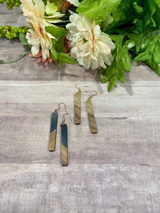 Long Resin & Wood Bar Dangle Earrings