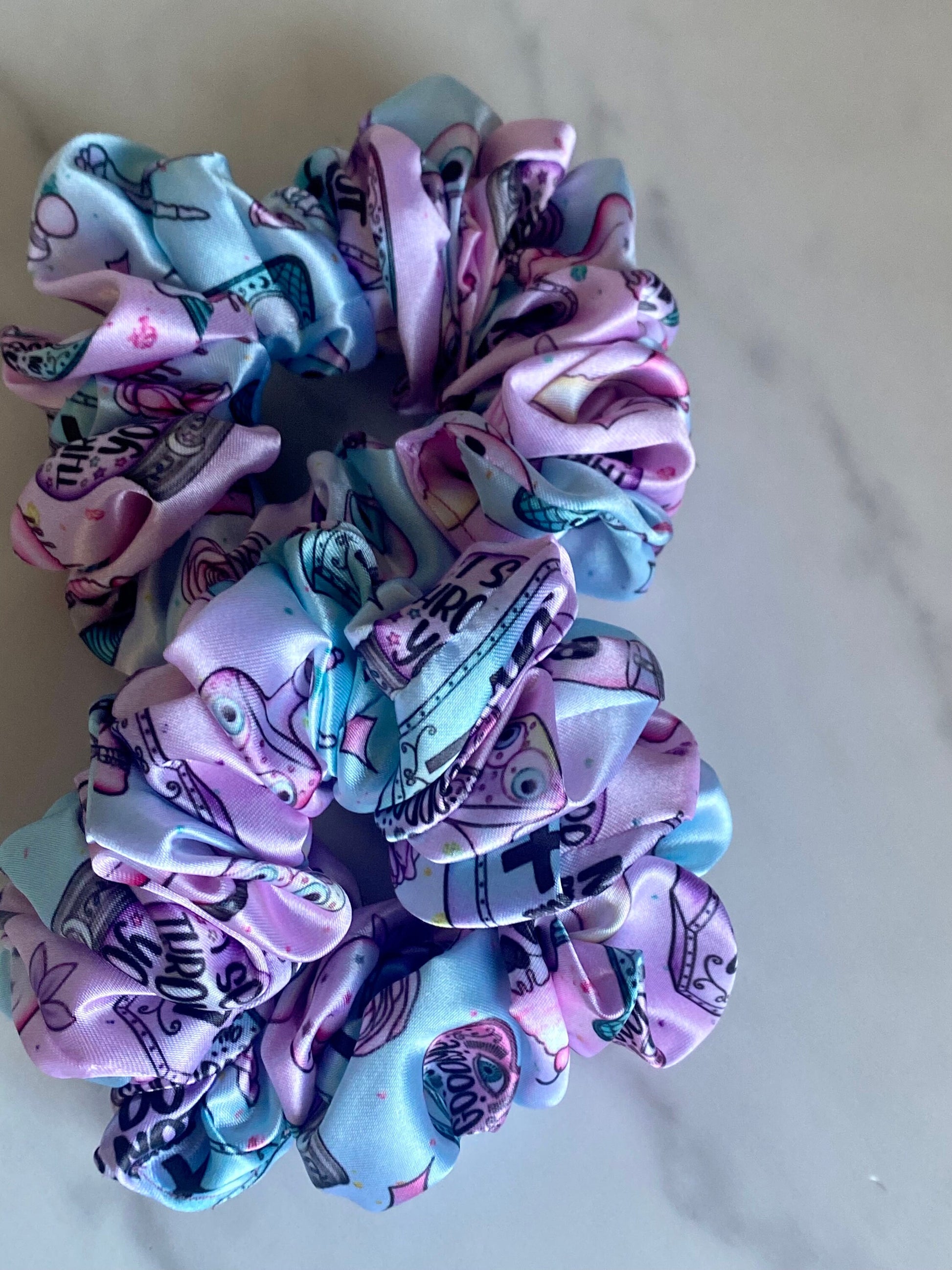 Creepy Cute Satin Scrunchies/ Creepy Cute Elastic Hair Tie/ Handmade Scrunchie/XL Scrunchie