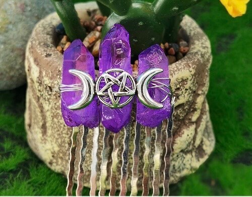 Triple Moon Goddess Crystal Hair Comb