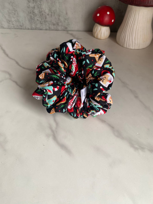 Santa and Cookies Holiday Satin Scrunchies/Santa Elastic Hair Tie/Handmade Scrunchie/XL Scrunchie